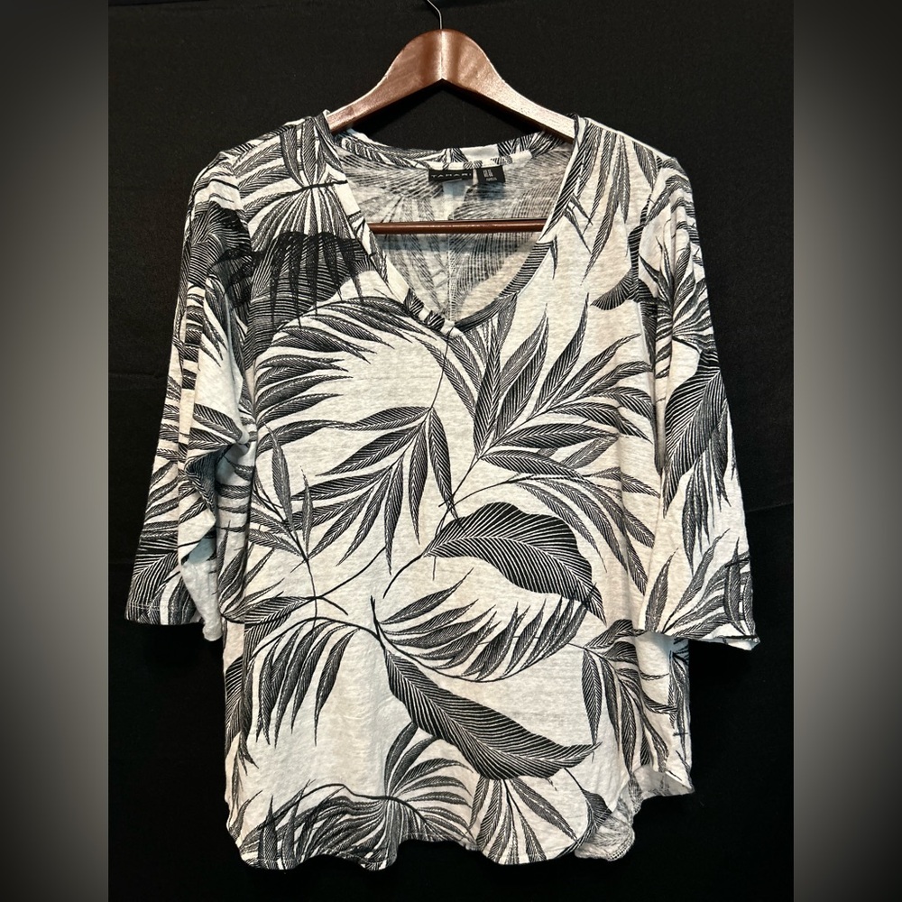 Tahari Womens Linen Leaf Print Top Size 1X 3/4 Sleeve Tropical Beach Vacation